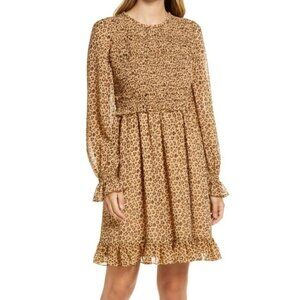 Rachel Parcell Women's Smocked Dress XXL Cheetah Ruffle Flowy Mini Long Sleeve